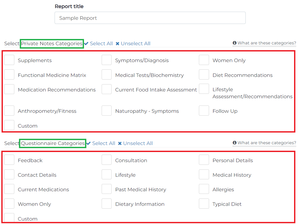 private notes questionnaires categories