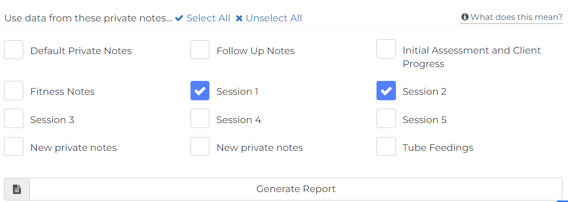 select specific private notes or questionnaires