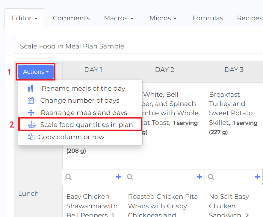 scale food quantities in plan