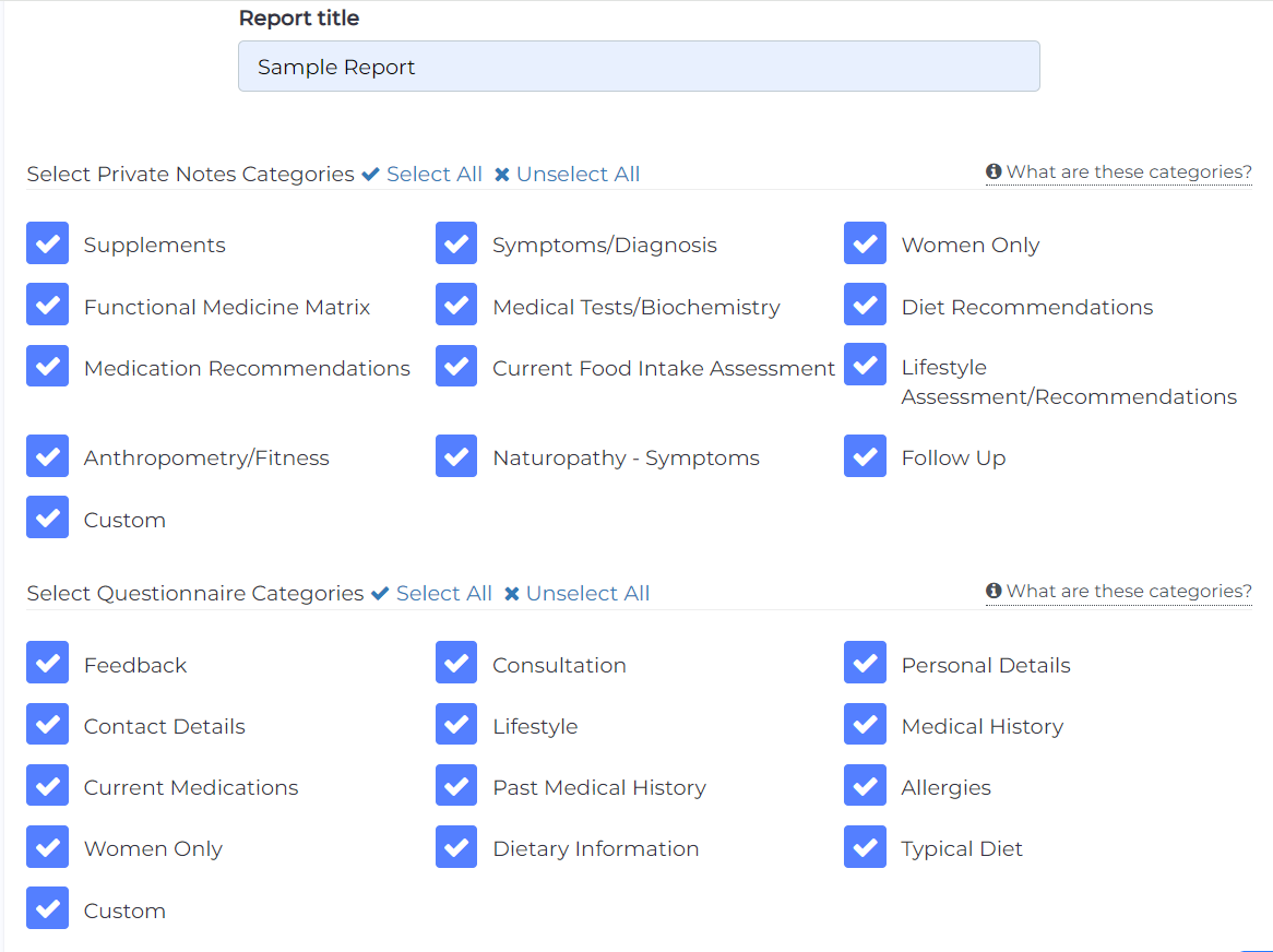 sample report categories