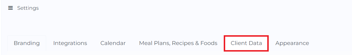 client data tab on settings