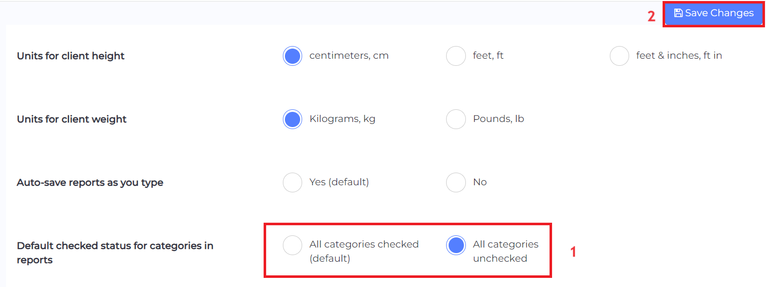 default checked status for categories in reports