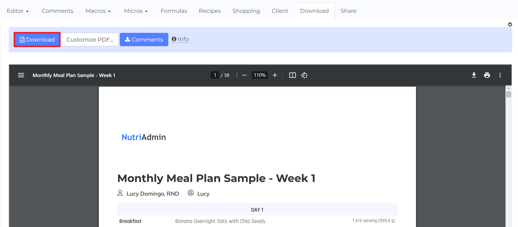 downloading generated PDF meal plan