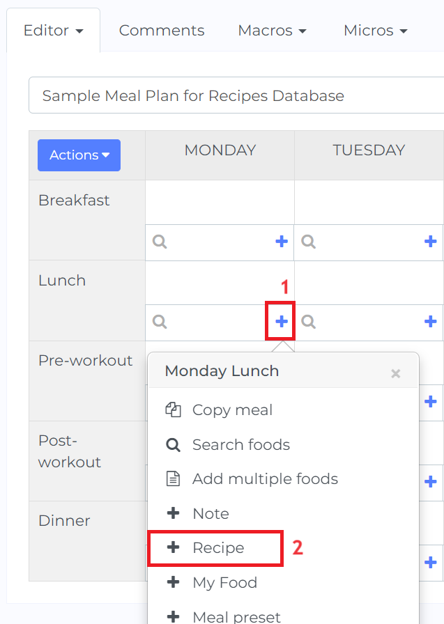 adding a recipe to a meal plan button