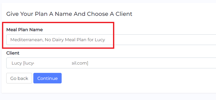 meal plan name and select client
