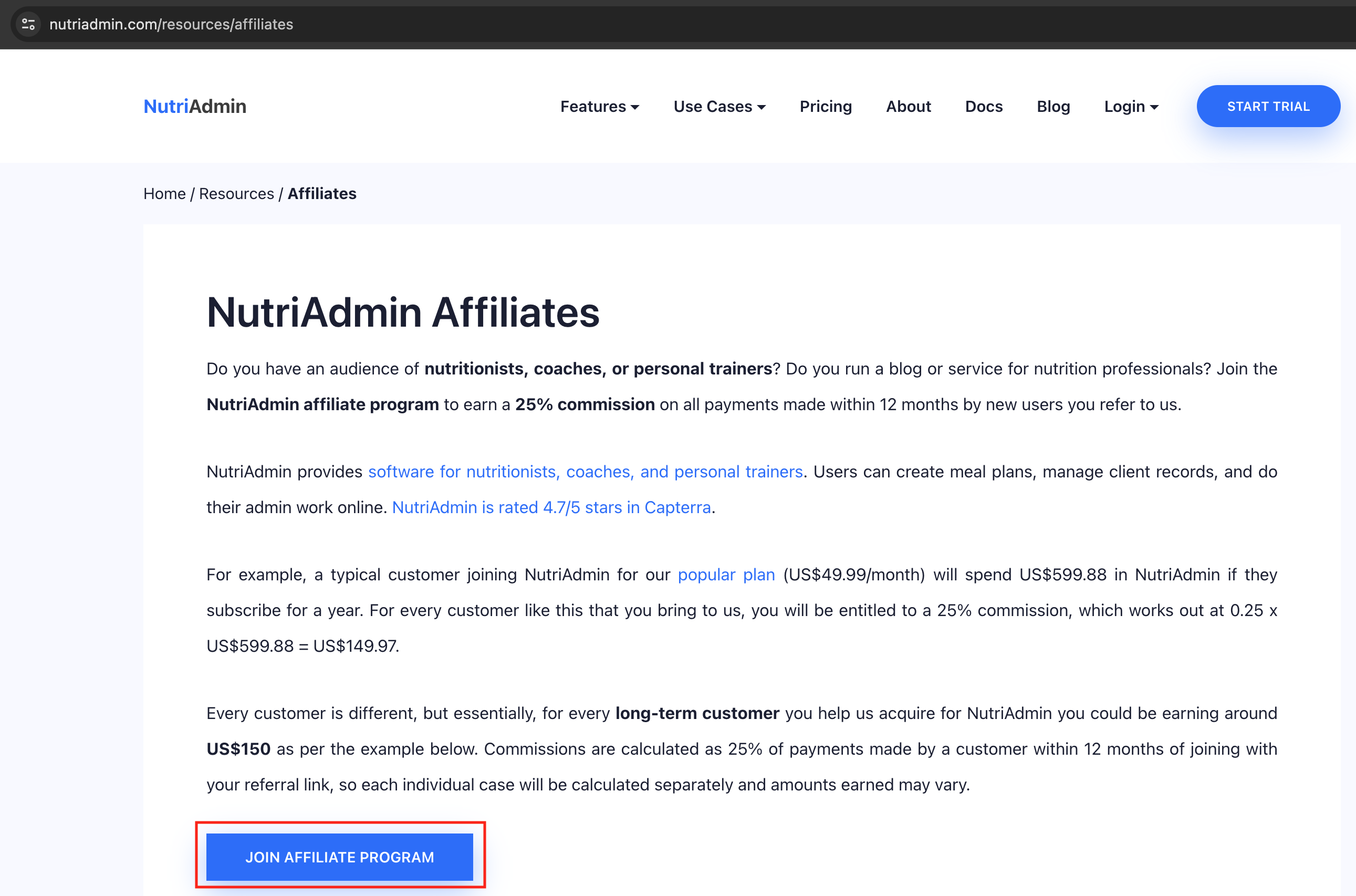 nutriadmin affiliates main page