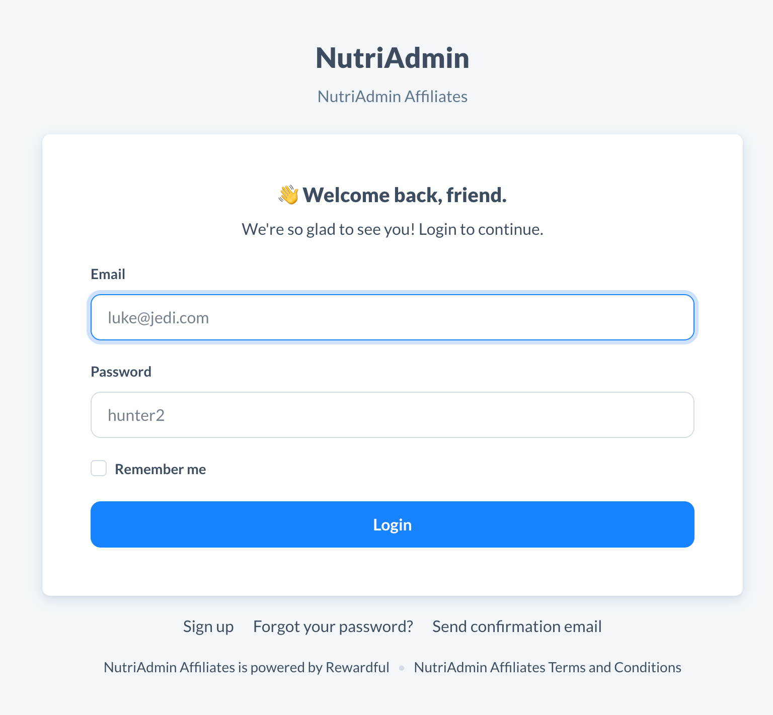 Login as nutriadmin affiliate in rewardful