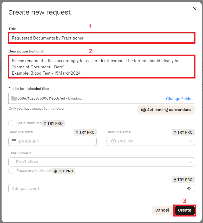create new file request in dropbox