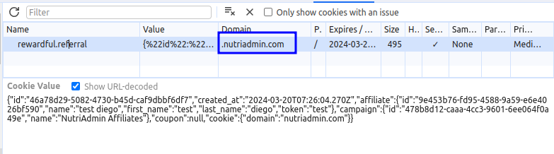 nutriadmin affiliate first party cookie example