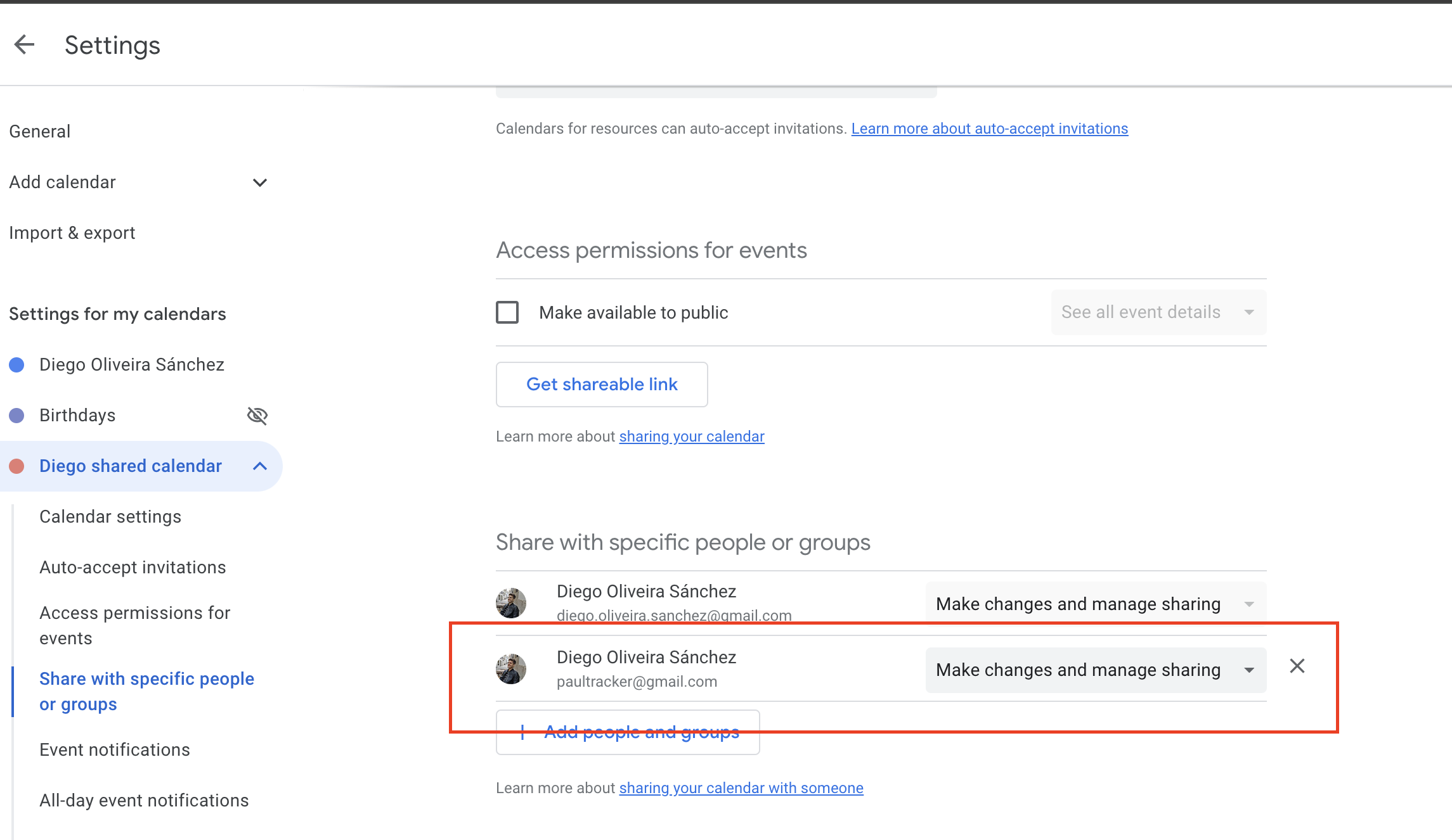 sharing event in google calendar with full permissions