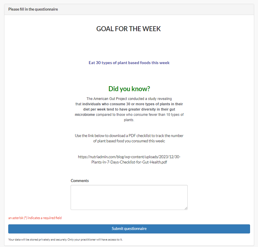 sample weekly goal questionnaire