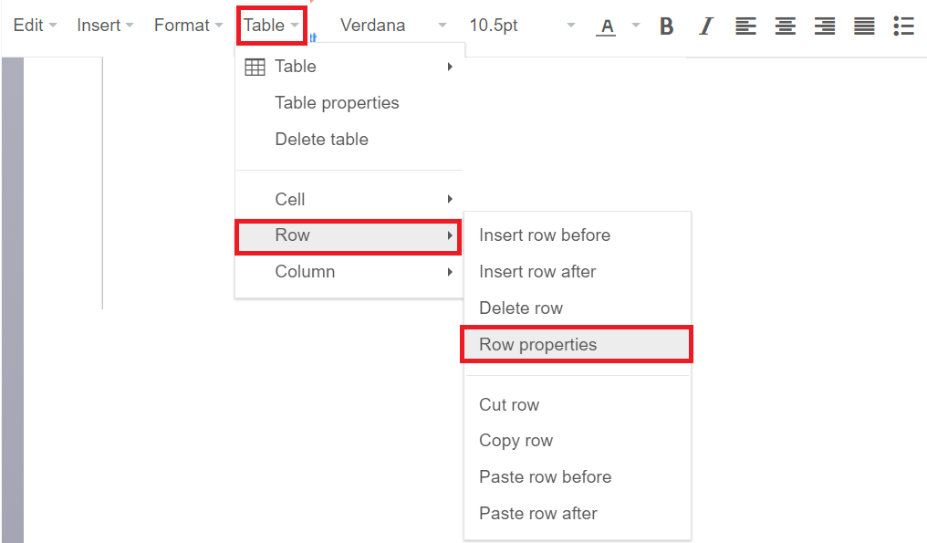 row properties