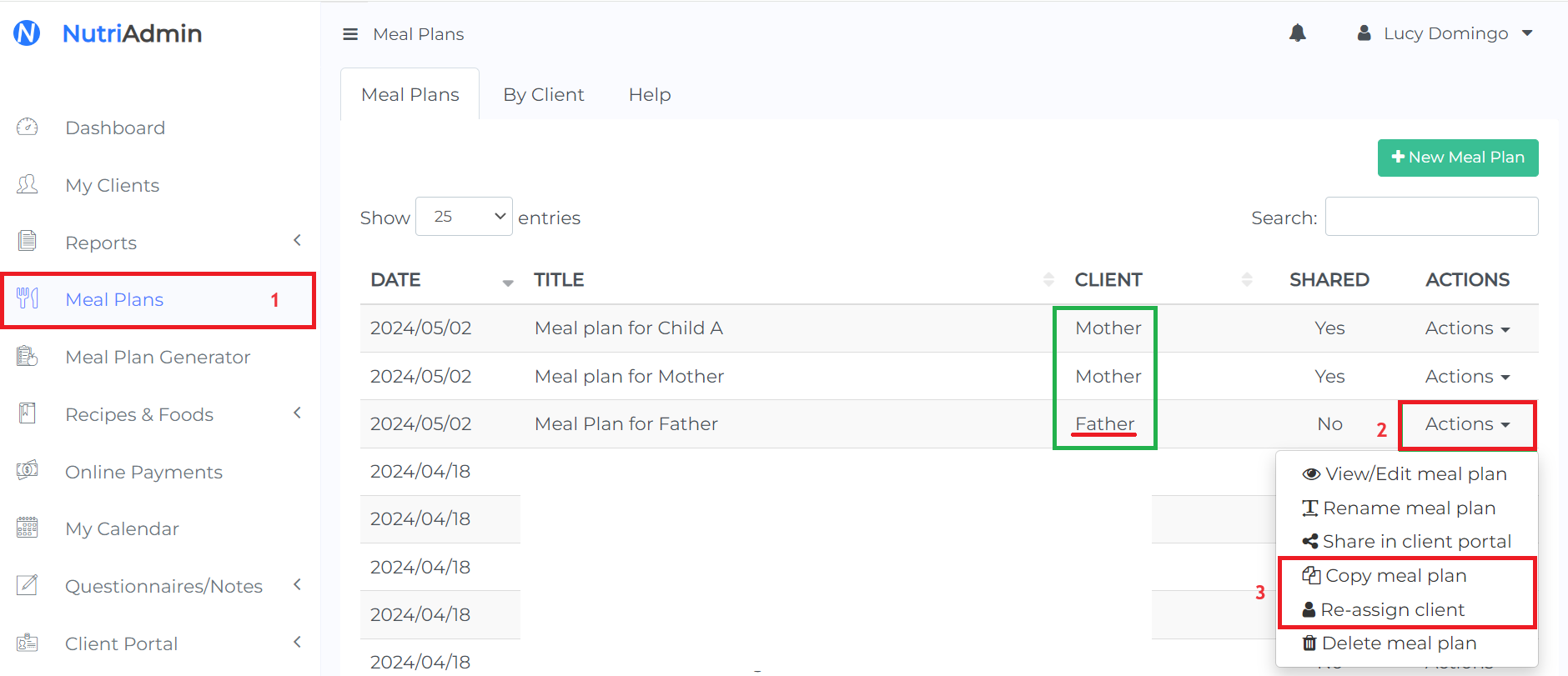 copy or reassign meal plan