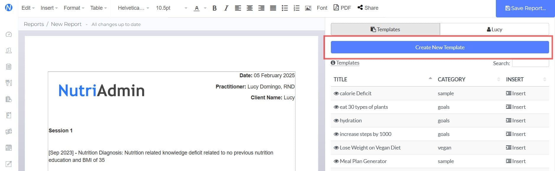 create new template in reports