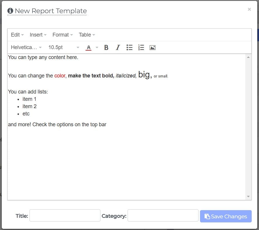 text formats in report template