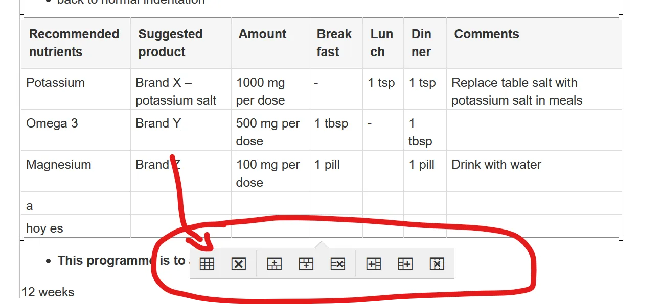 context menu table