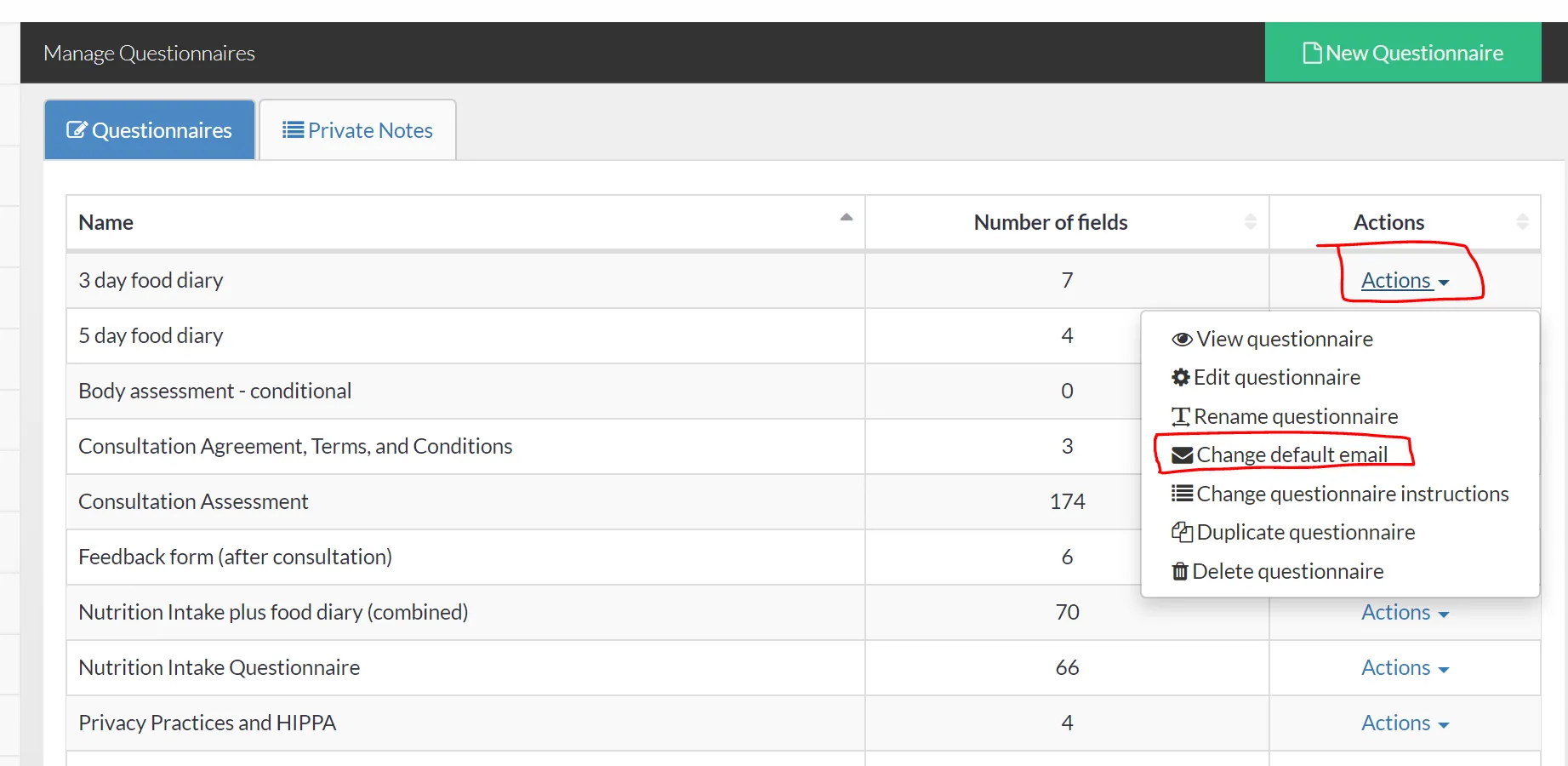 customizing default email for questionnaire