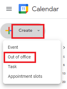 Google Calendar create event then out of office