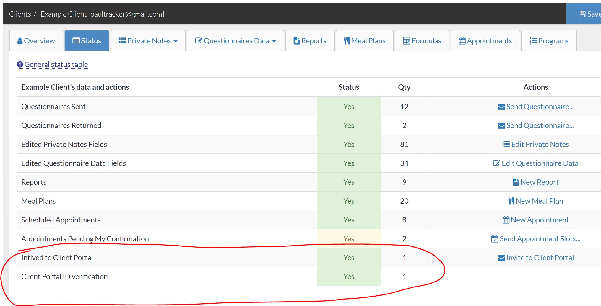 status for client portal in client record