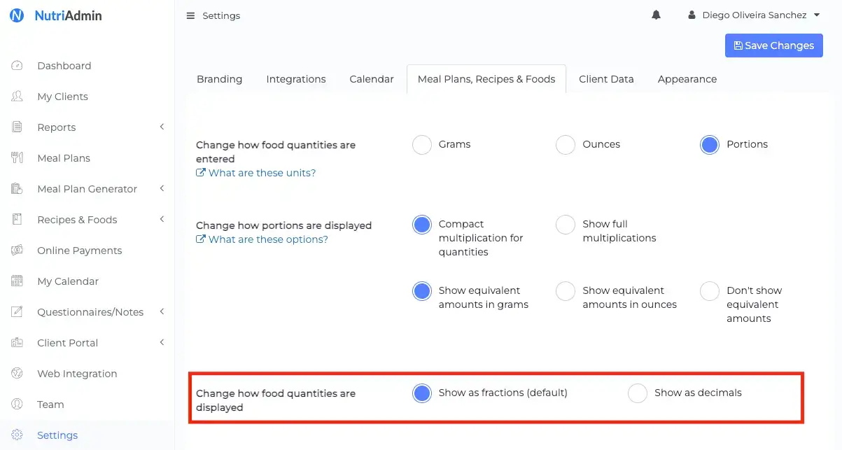 changing recipe and meal plan quantity display options