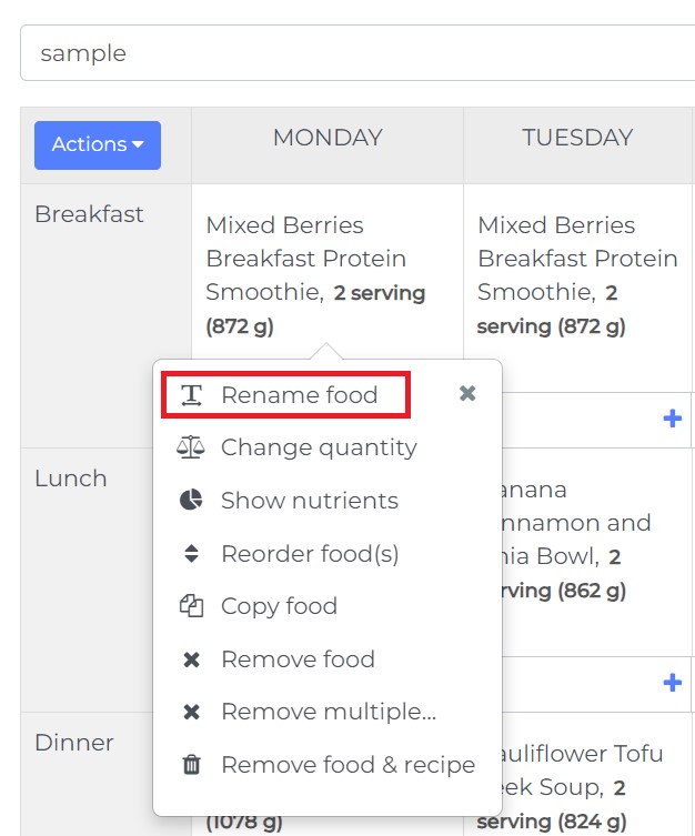 click recipe and rename food