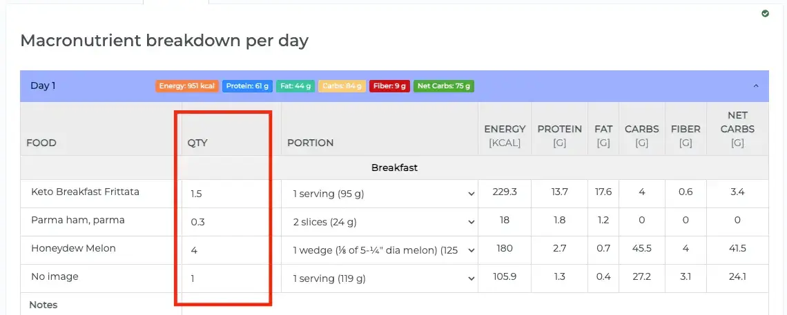 entering food quantity as decimal