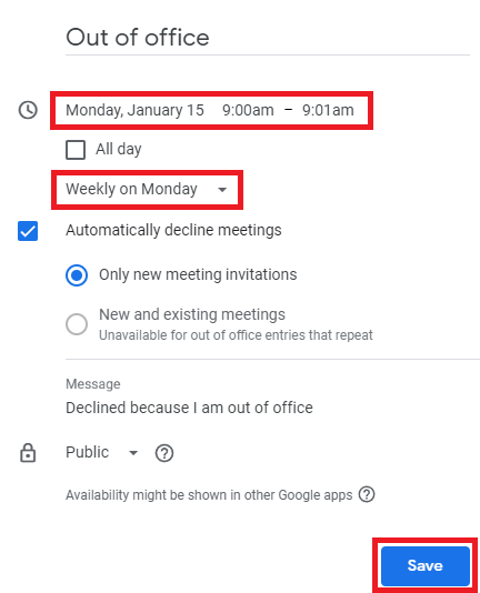 out of office details then save