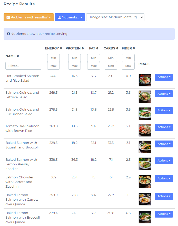 recipes database sample results