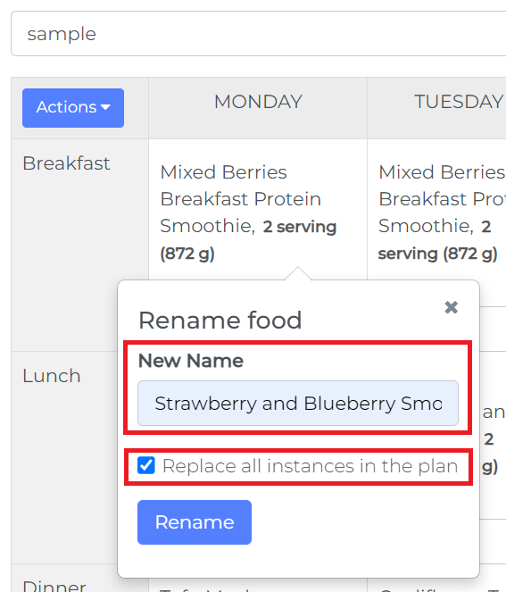 rename food option replace all instances in the plan