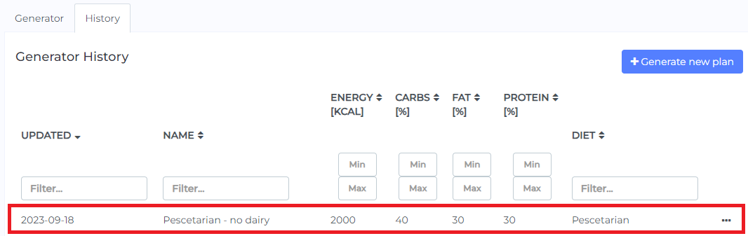 select generated plan to re use meal plans