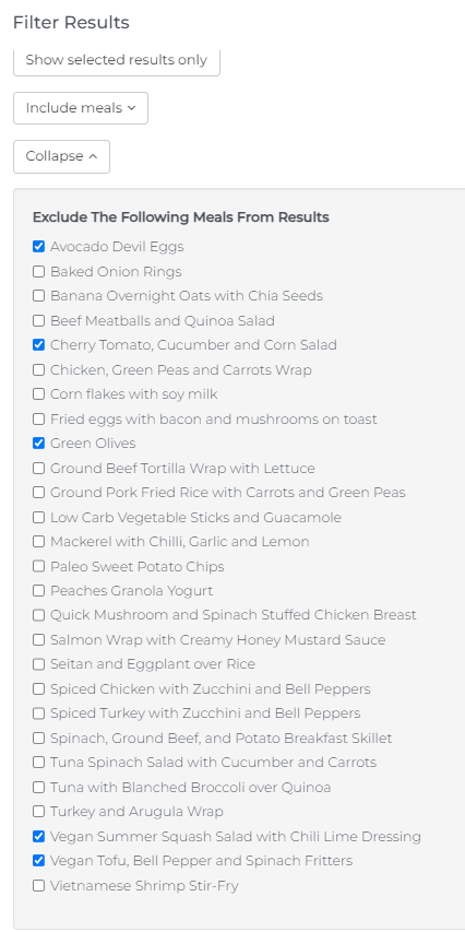 select meals you want to exclude